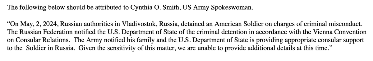 US Army confirms an American soldier has been detained in Russia: