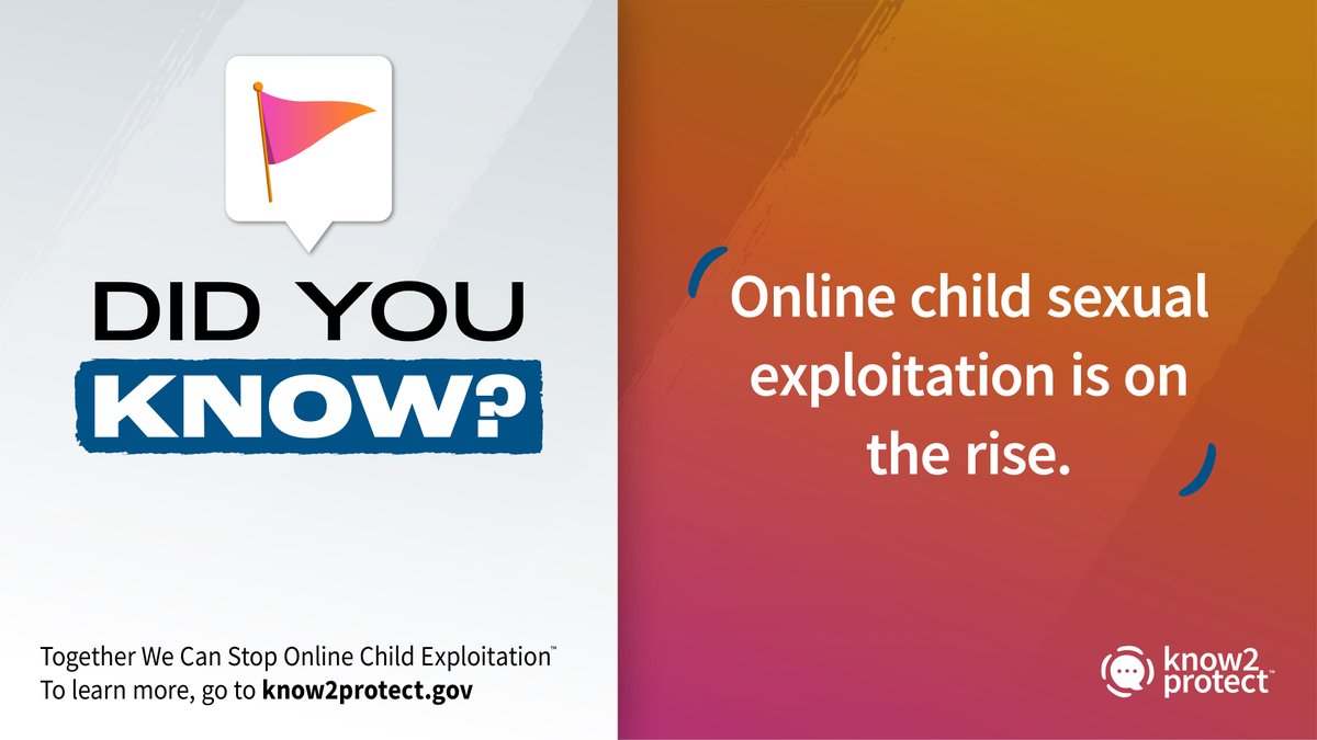 #DidYouKnow that online child sexual exploitation is on the rise? It's time to take a stand and protect our children from harm. Our campaign, #Know2Protect, provides resources to prevent and report abuse. Let's create a safer digital world. 

#OnlineSafety #KeepKidsSafeOnline