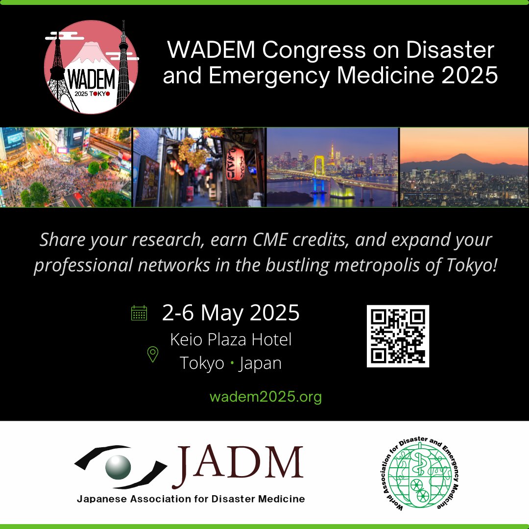 Save the Dates for the 23rd edition of WADEM’s biennial Congress on Disaster and Emergency Medicine! Please join us at the Keio Plaza Hotel, Shinjuku City, in the bustling metropolis of Tokyo from 2-6 May 2025 - wadem2025.org. #wadem2025 #DisasterMedicine #Research