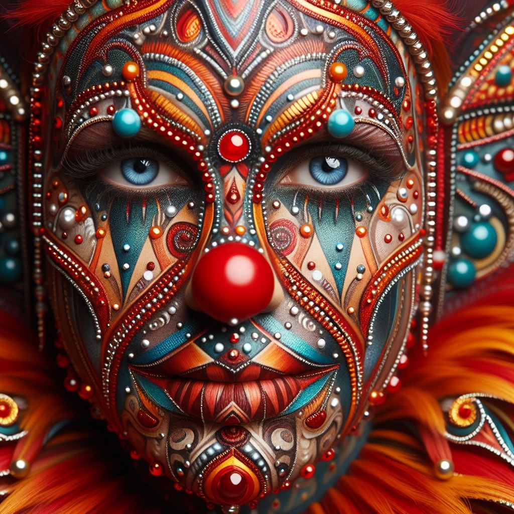 close-up photogenic portrait of clown. The face should, intricate, tribal-inspired art, patterns, reminiscent of beadwork and ceremonial embellishments, rich reds, oranges, blues