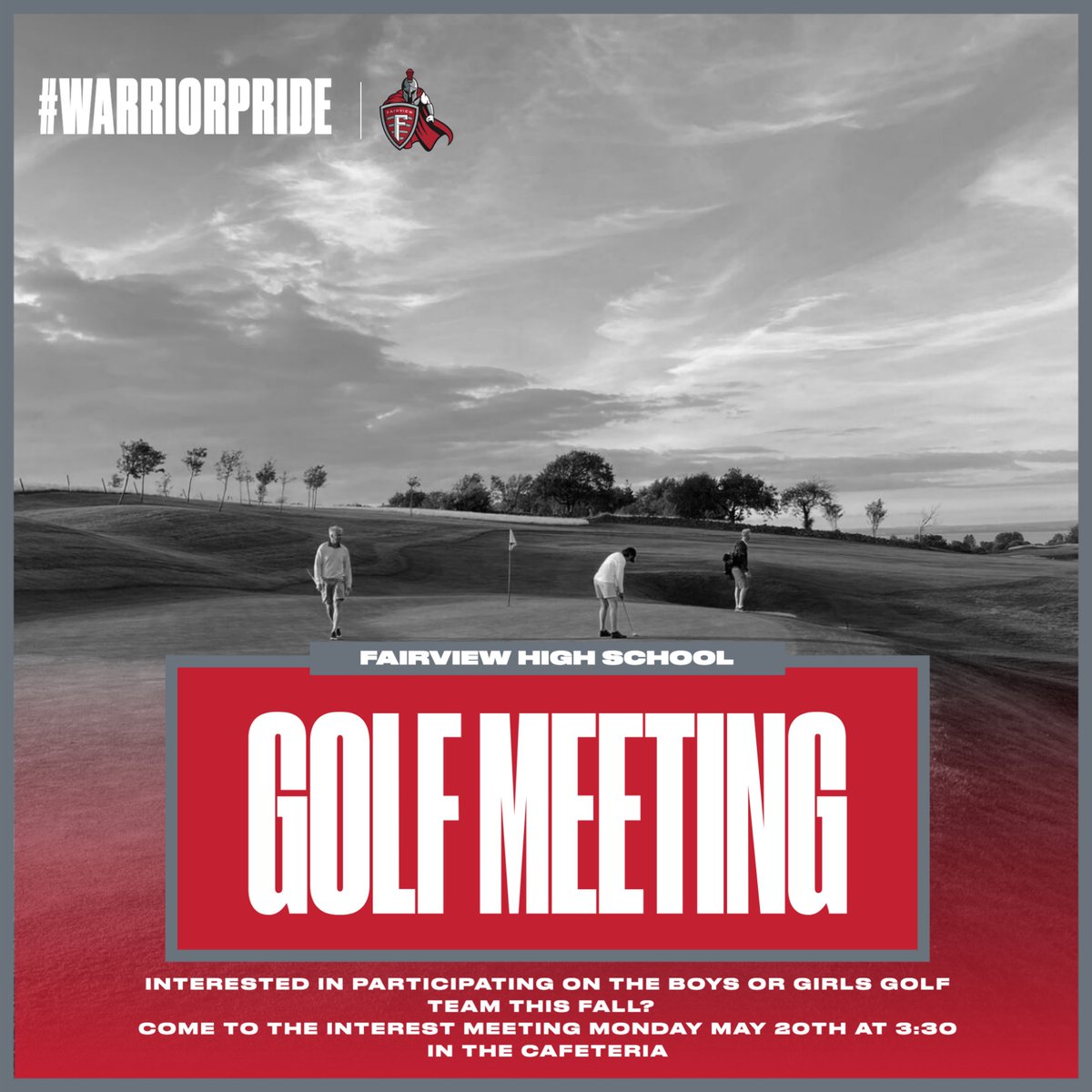 FPWarriorSports's tweet image. There is an informational meeting for anyone in grades 8-11 who would be interested in playing for the Fairview boys or girls golf teams next fall on Monday May 20th at 3:30 pm in the cafeteria.  #WarriorPride