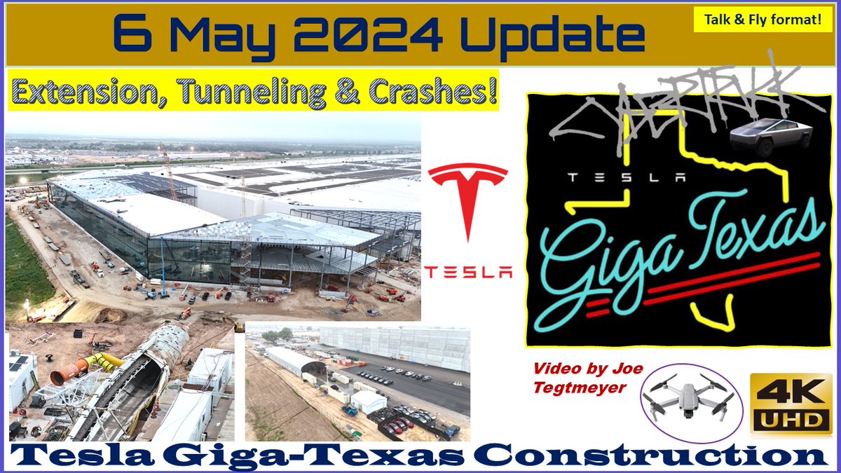 6 May 2024 Giga Texas VIDEO … Lots of progress on S extension, with S glass now across full width, another roof section getting weatherproof membrane installed & steel assembly rapidly fin Lying in open area! We see conduit installation continuing from the electrical switchyard…