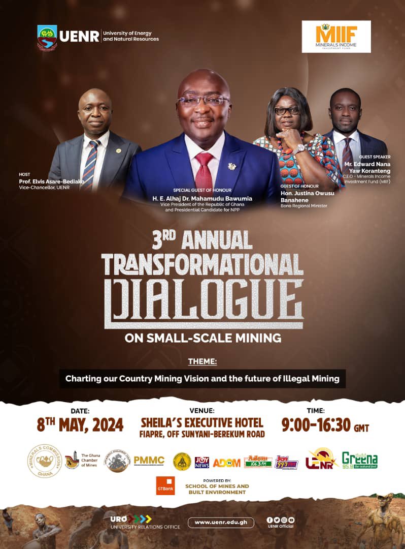 Save the Date and Join us at the 3rd Annual Transformational Dialogue on Small Scale Mining, hosted by UENR When: May 8, 2024 Time: 9:00am sharp! Where: Sheila's Lodge, Sunyani Be part of the conversation shaping the future of small scale mining! #Uenr #Uenrishome