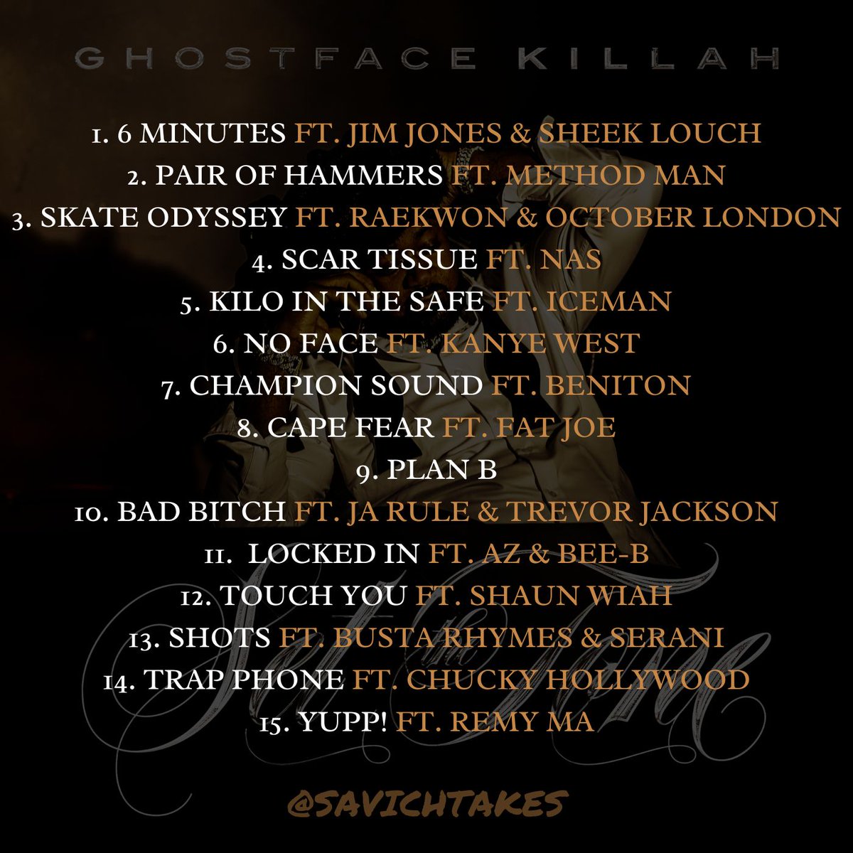 GHOSTFACE KILLAH - SET THE TONE (ALBUM) FEATURING: - KANYE WEST - BUSTA RHYMES - NAS - JA RULE - FAT JOE - METHOD MAN - REMY MA - AZ AND MORE... 15 TRACKS / MAY 10TH