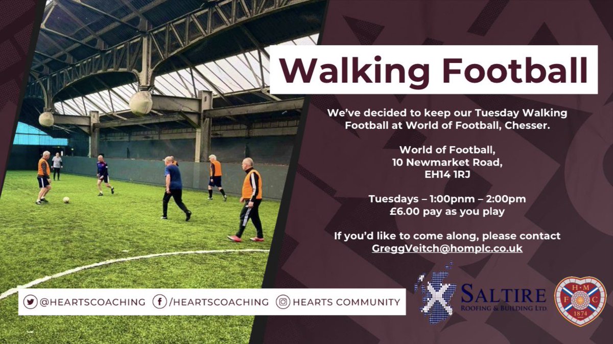 Walking Football Update Our weekly Tuesday Walking Football session will remain at @worldoffitba ⬇️Details ⬇️ 🏟️ : World of Football, 10 New Market Rd, EH14 1RJ ⌚️: 1:00pm - 2:00pm 💷 : £6.00 pay as you play For more information contact GreggVeitch@homplc.co.uk
