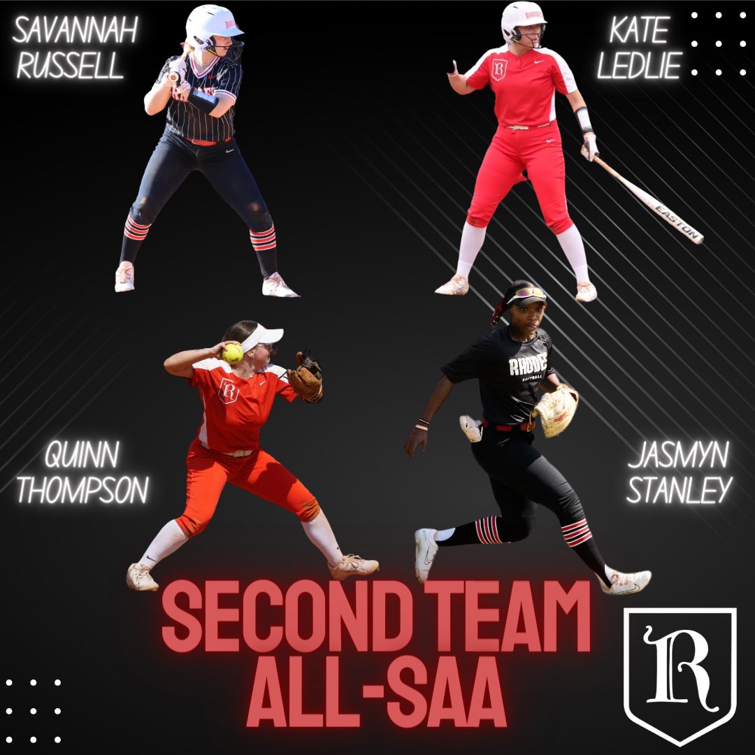 Another HUGE congrats to our student athletes who made SECOND TEAM ALL-SAA!! Quinn Thompson, Kate Ledlie, Jasmyn Stanley and Savannah Russell! GREAT WORK ladies - we see you! Keep grinding! 
#saasoftball #allconference #rhodessoftball #burntheships #builtdiiiferent