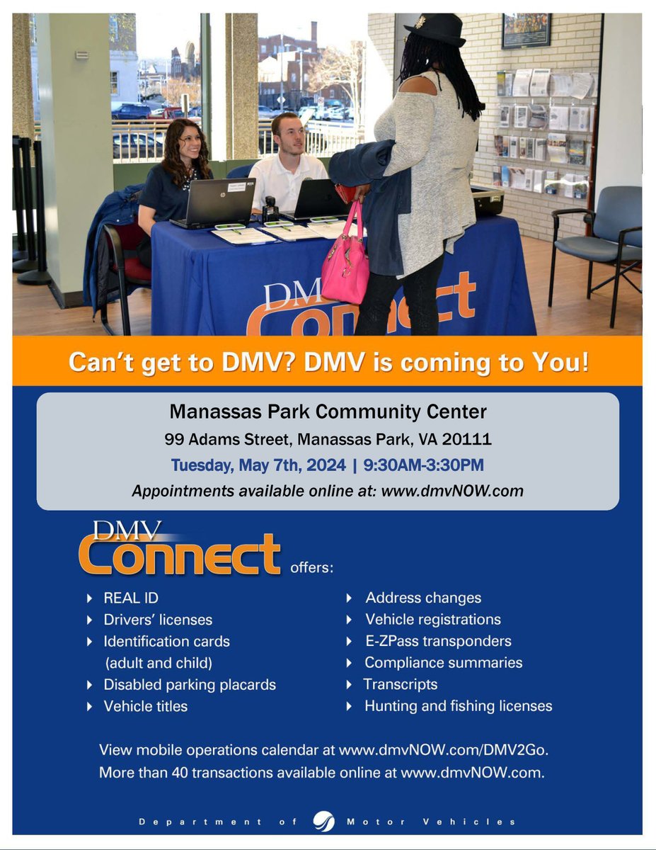 📌 DMV Connect is at MPCC tomorrow from 9:30am-3pm! Don’t forget to sign up for an appointment using the link below ⤵️ dmv.virginia.gov/locations/dmv-…