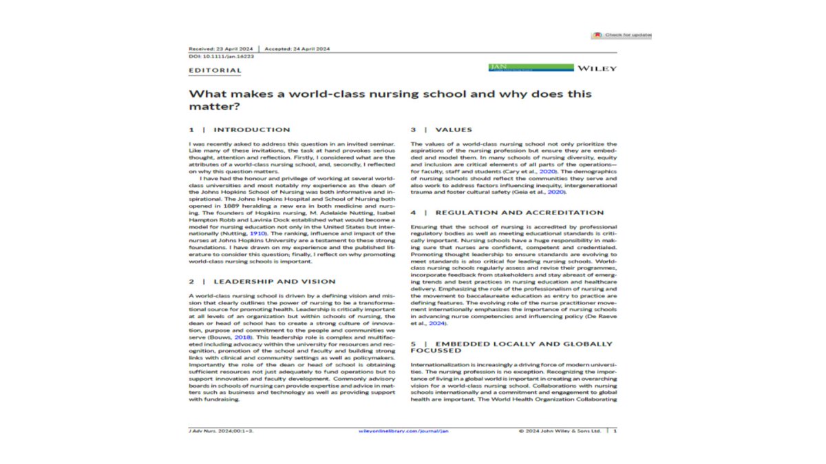 What makes a world‐class #nursing school and why does this matter? Access here: onlinelibrary.wiley.com/doi/full/10.11… @JHUNursing @UoWnursing @UOW @ICN @calebferg @salamonson @whoccnm @jadvnursing #NursesWeek2024