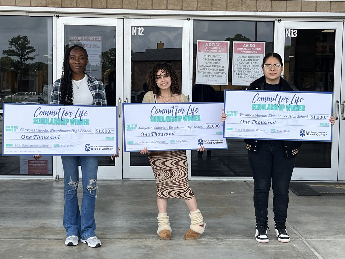 🎉 Congratulations to Sharon, Aaliyah, and Veronica for receiving the $1,000 'Commit for Life' scholarship from the Gulf Coast Regional Blood Center! Your dedication to making a difference is inspiring. Keep up the great work! 🙌 #Scholarship #CommitForLife #Congrats #MyAldine