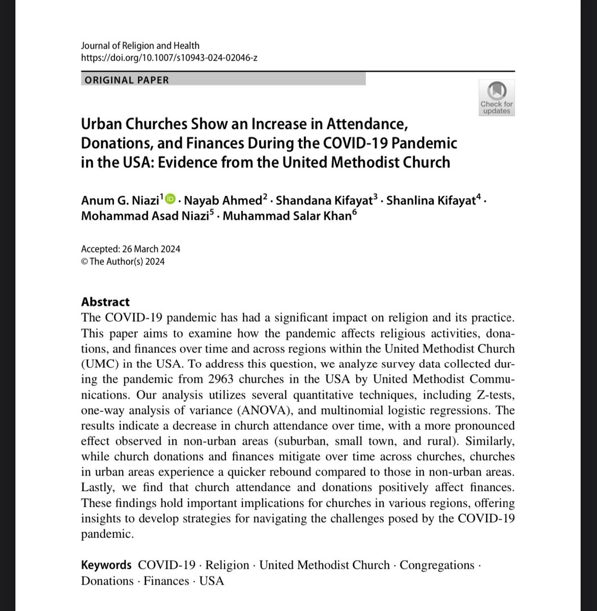 My team & I studied the economics of the United Methodist Church during COVID-19 for the Journal of Religion and Health. One notable finding: urban churches saw increased attendance, donations, & finances. More at 🔗 ⬇️ @ScharSchool @MasonResearch @Anum_N 
doi.org/10.1007/s10943…