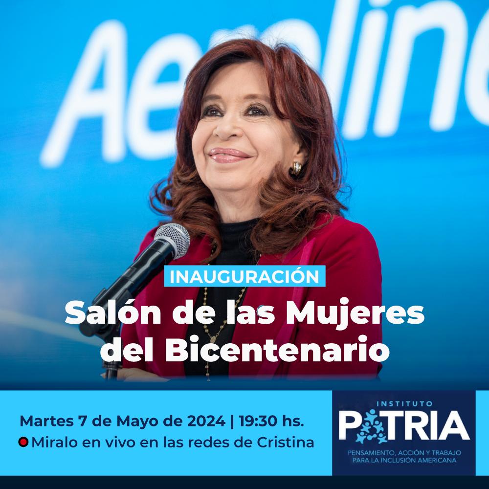 Mañana junto a nuestra presidenta honoraria, Cristina Fernández de Kirchner, inauguraremos el Salón de las Mujeres del Bicentenario en la sede del Instituto Patria. Seguí la transmisión en vivo desde las 19.30 hs. a través de las redes de @CFKArgentina