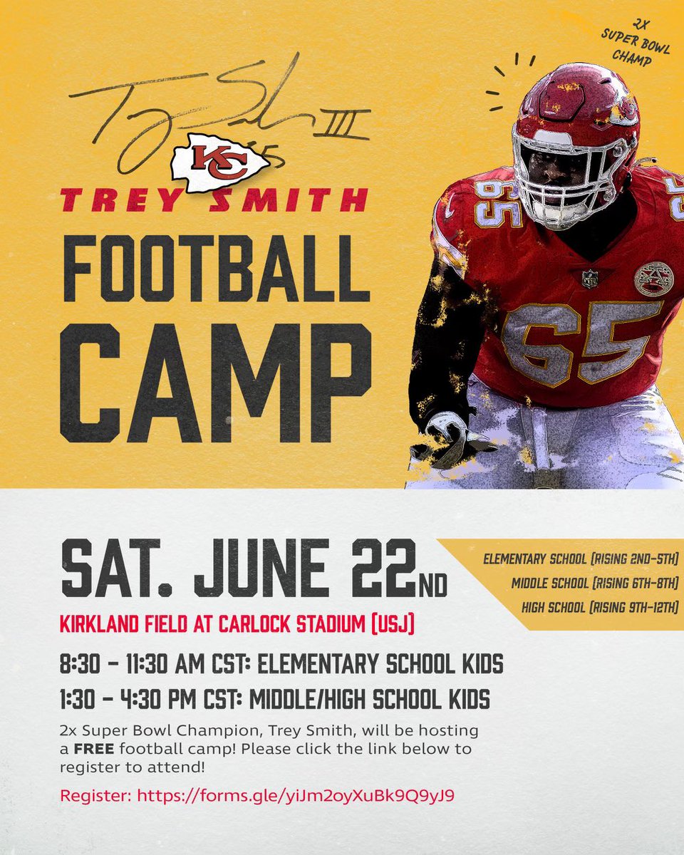 I’m Excited to announce my first football camp back in my hometown at USJ! 🏈 Register your campers by June 8th to participate! There are limited spots available, don't miss out! forms.gle/yiJm2oyXuBk9Q9…