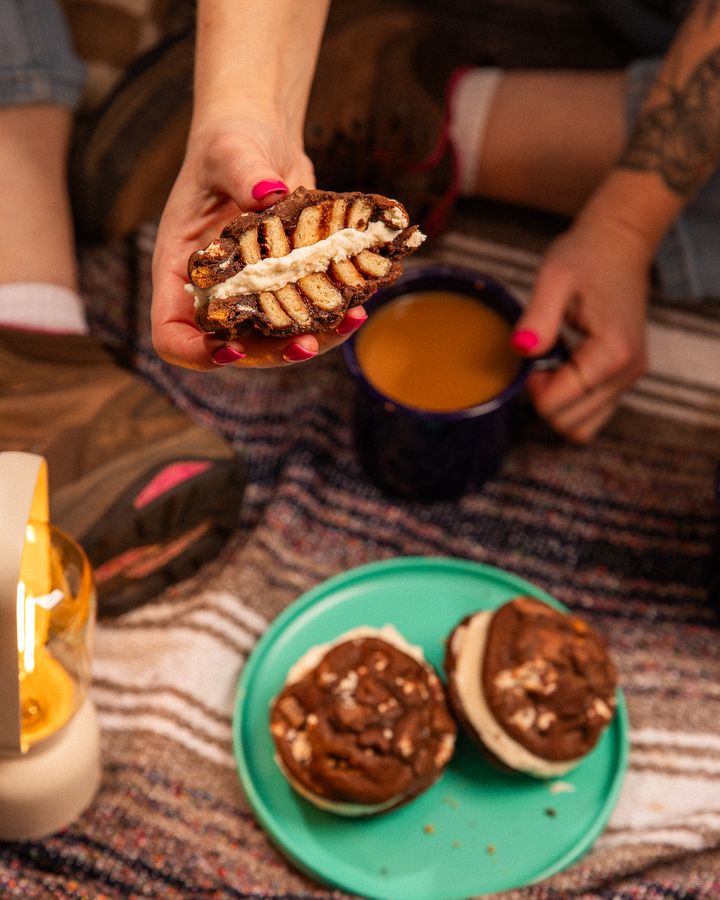 S'MORES! COOKIE! BONBITE! SANDWICH! the perfect combination of a campfire classic and our original cookie bonbite sandwiched together with our signature cream cheese frosting...what more could you want?