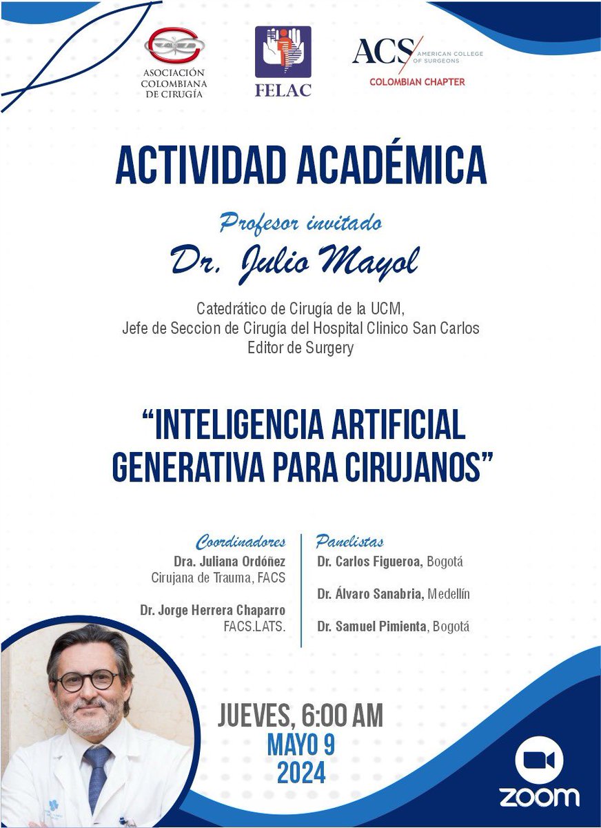 Imperdible ! Los esperamos este jueves 9 may 2024 06:00 a. m. Bogotá Link⬇️ us02web.zoom.us/j/89607182827?… Código de acceso: 257607 @revcolcirugia @juliomayol @julianita206 @FelacOficial @me4_so