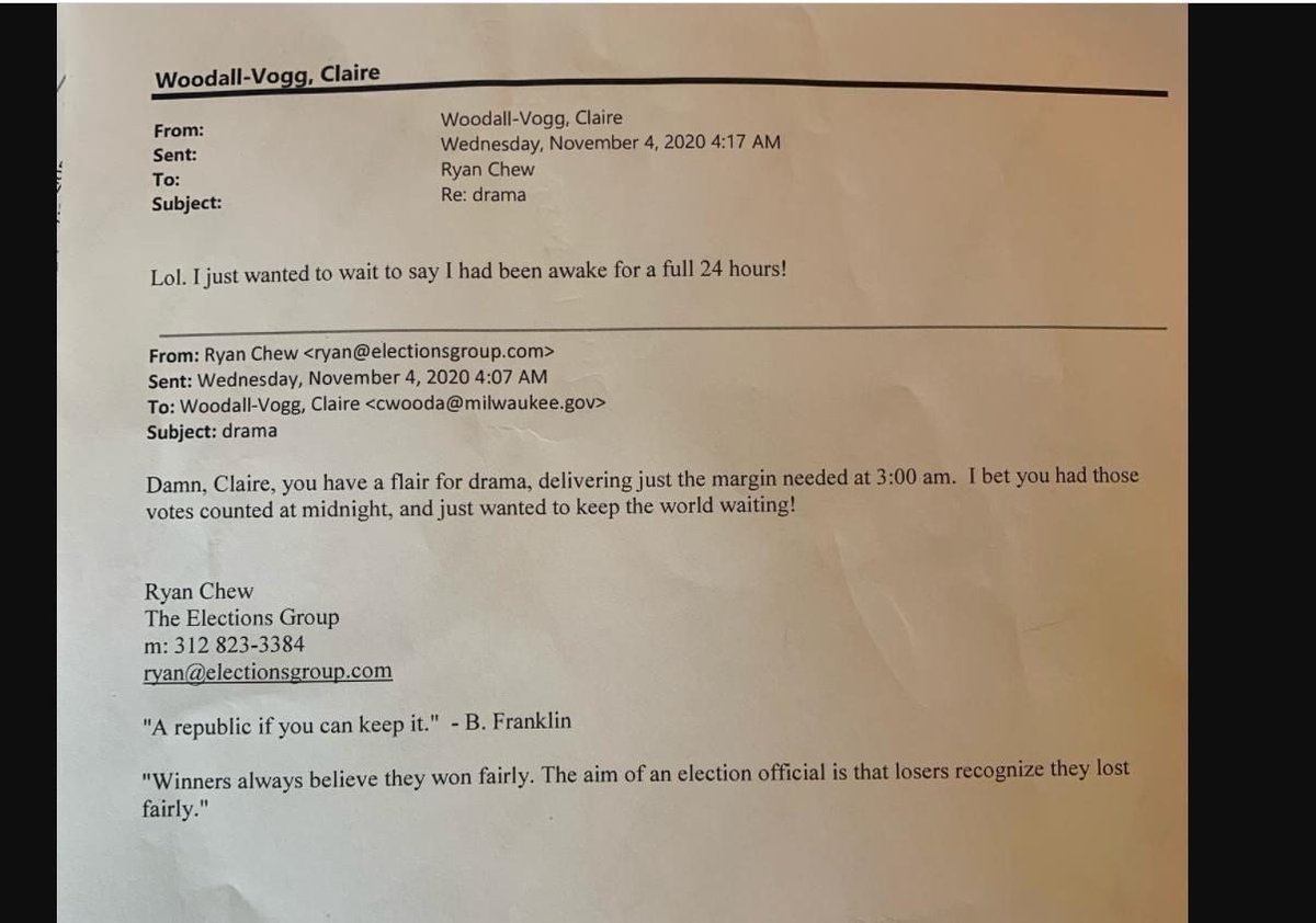 Here is Claire Woodall-Vogg laughing about rigging the election with someone via email. Talking about how she 'delivered just the margin needed at 3 AM' As shown on the @gatewaypundit article thegatewaypundit.com/2024/05/develo…