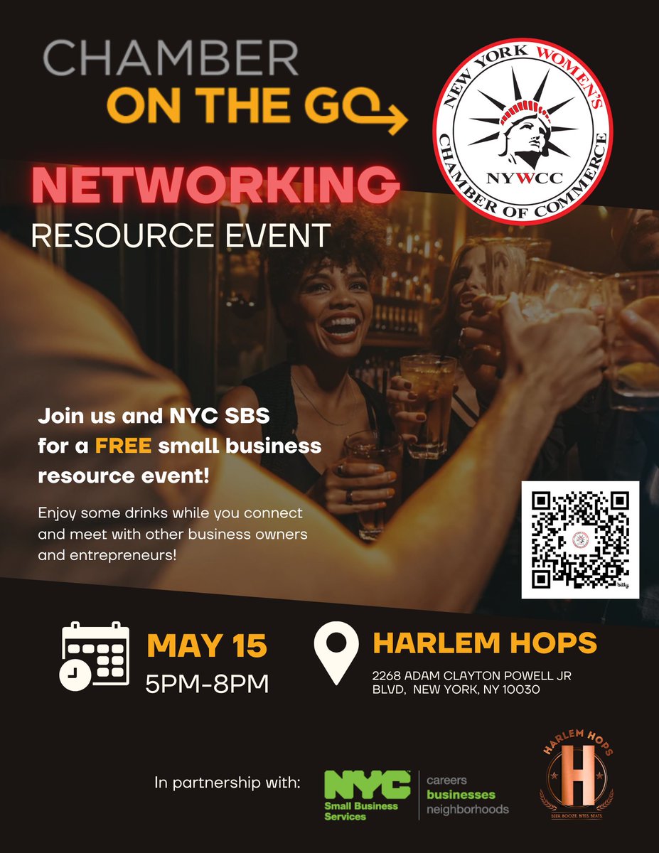 Join us for our Chamber On the Go Networking Resource event on May 15th! Partnered with @NYC_SBS to provide free services to you and your businesses, with a side of refreshments to enjoy the day! Meet us at Harlem Hops 🍻, 5pm-8pm ET! RSVP for FREE: bit.ly/cotg_networking