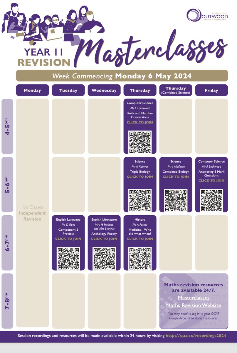 What Year 11 revision masterclasses are on this week? 🤔

See below for full details of webinars
led by expert subject directors, providing topic-specific support, revision and exam techniques.

#OutwoodFamily💜