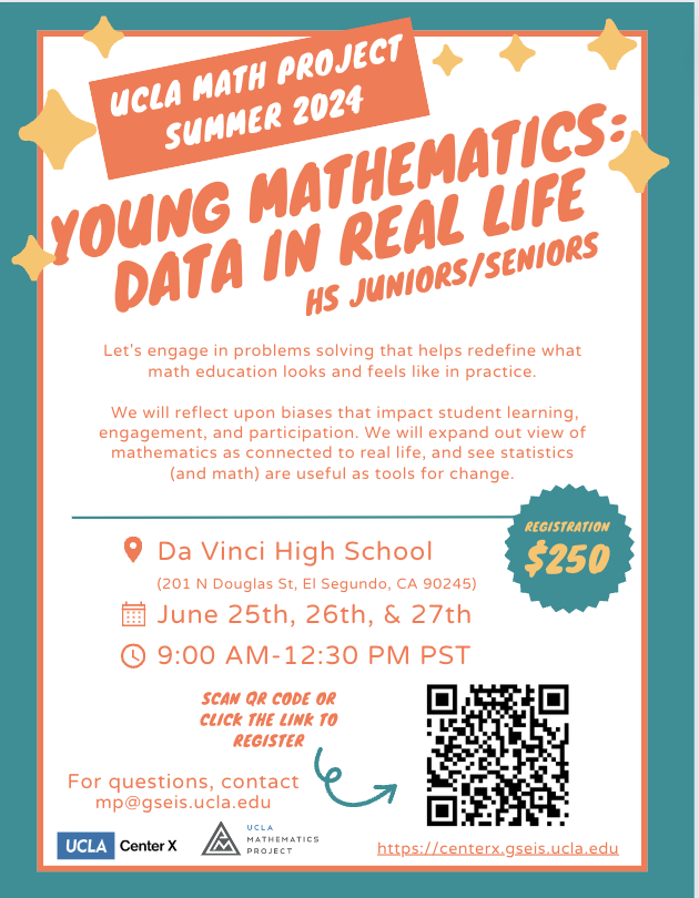 Join us this summer for Young Mathematics: Data in Real Life! Let's engage in problems solving that helps redefine what math education looks and feels like in practice.
#datainreallife #makingmeaningofthecurriculum #numbersenseandreasoningroutines #playfulfluency #ucla