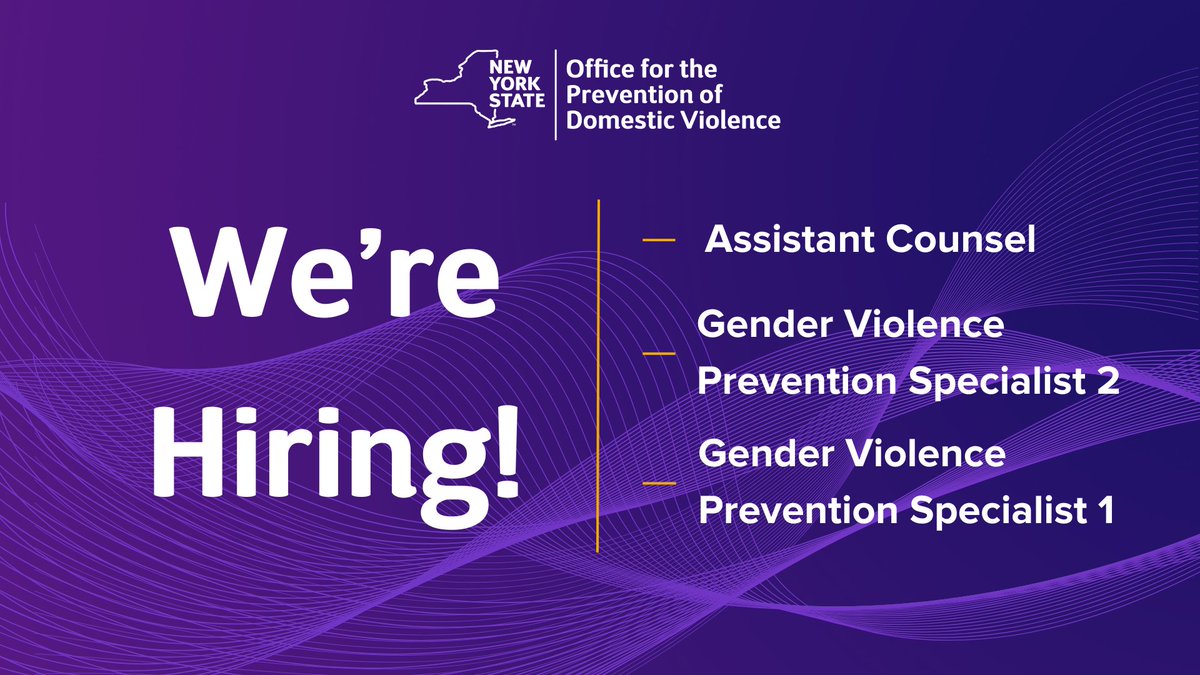 We're Hiring! OPDV currently has openings for 3 positions: ◻️ Associate Counsel (Closing 5/14) ◻️ Gender Violence Prevention Specialist 1 (Closing 5/14) ◻️Gender Violence Prevention Specialist 2 (Closing 5/21) 🔗Apply today: ow.ly/KMh750RxFxw