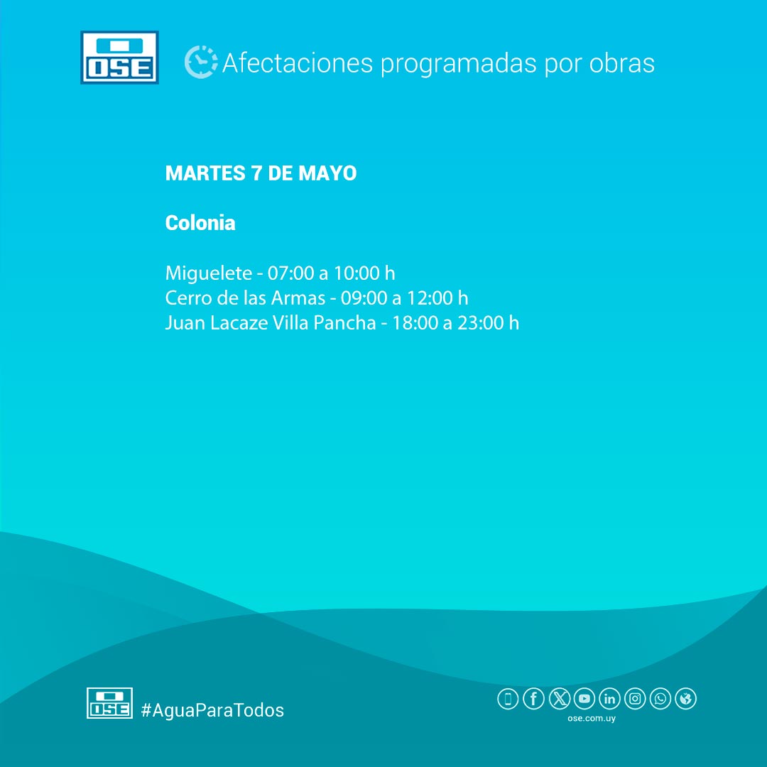 Afectaciones de suministro programadas

📆 Martes 7/5 

📍Colonia

📲 0800 1871 | * 1871 gratis desde móviles
#oseuruguay