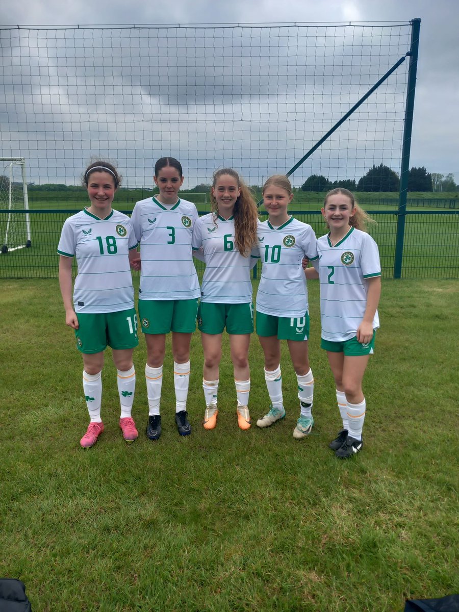 Well done to five of our Treaty United Carelon Academy WU17 players, Grace Ehinger, Chloe Wallace, Aibhlinn Cotter, Madison McGuane, Kate Jones (from left to right), who represented the Irish WU16s in a friendly v Shelbourne U19s today. 🇮🇪