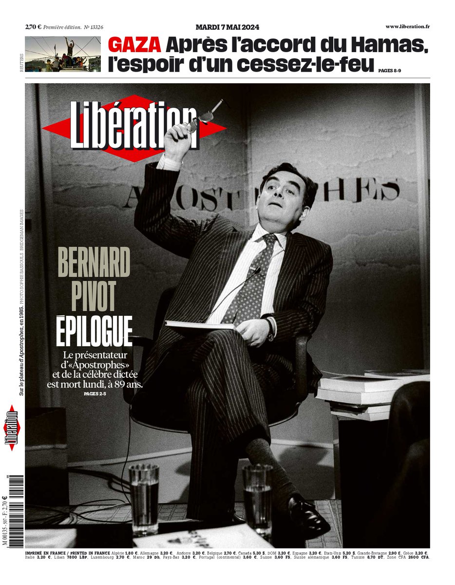 ⚫ Bernard Pivot, épilogue. C'est la une de @Libe ce mardi Lire : journal.liberation.fr