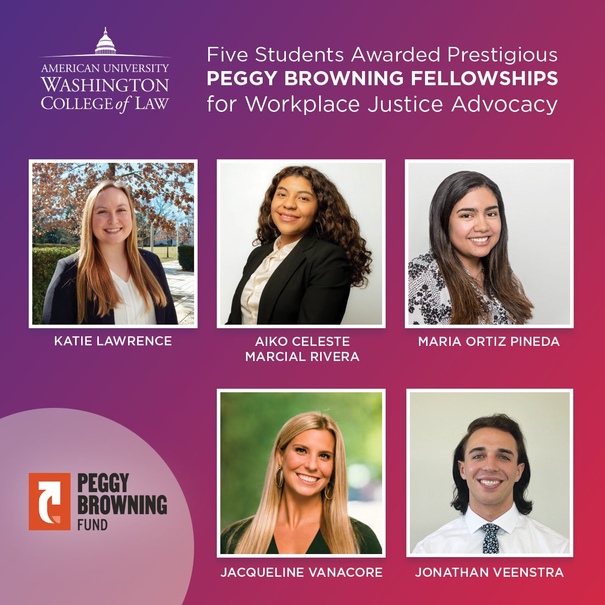 AUWCL is proud to congratulate five students selected among thousands of applicants to win prestigious Peggy Browning Fellowships for workplace justice advocacy, marking a milestone for the largest cohort ever! #championwhatmatters