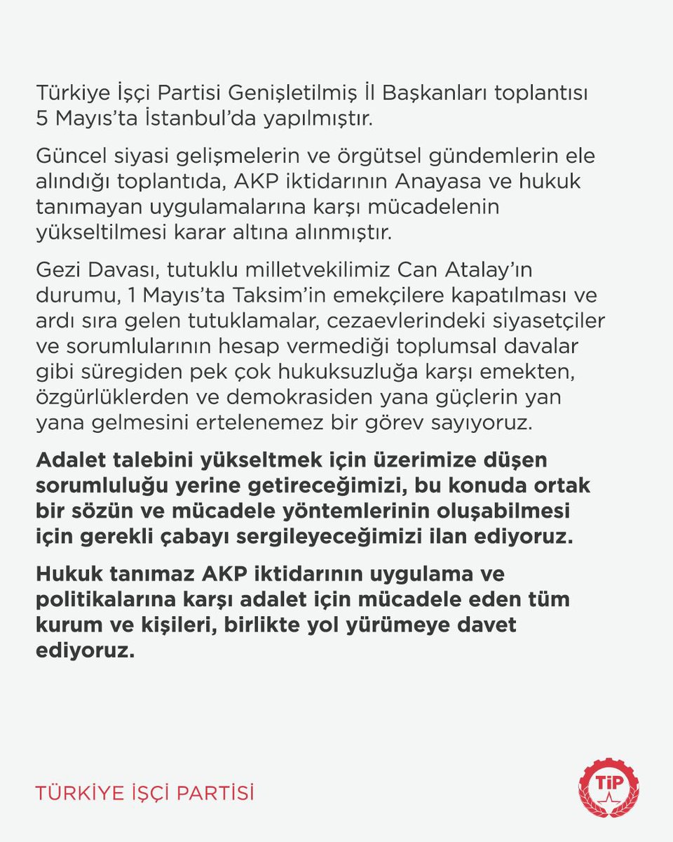 Adalet İçin Türkiye İşçi Partisi’nden Çağrı Hukuk tanımaz AKP iktidarının uygulama ve politikalarına karşı adalet için mücadele eden tüm kurum ve kişileri, birlikte yol yürümeye davet ediyoruz.
