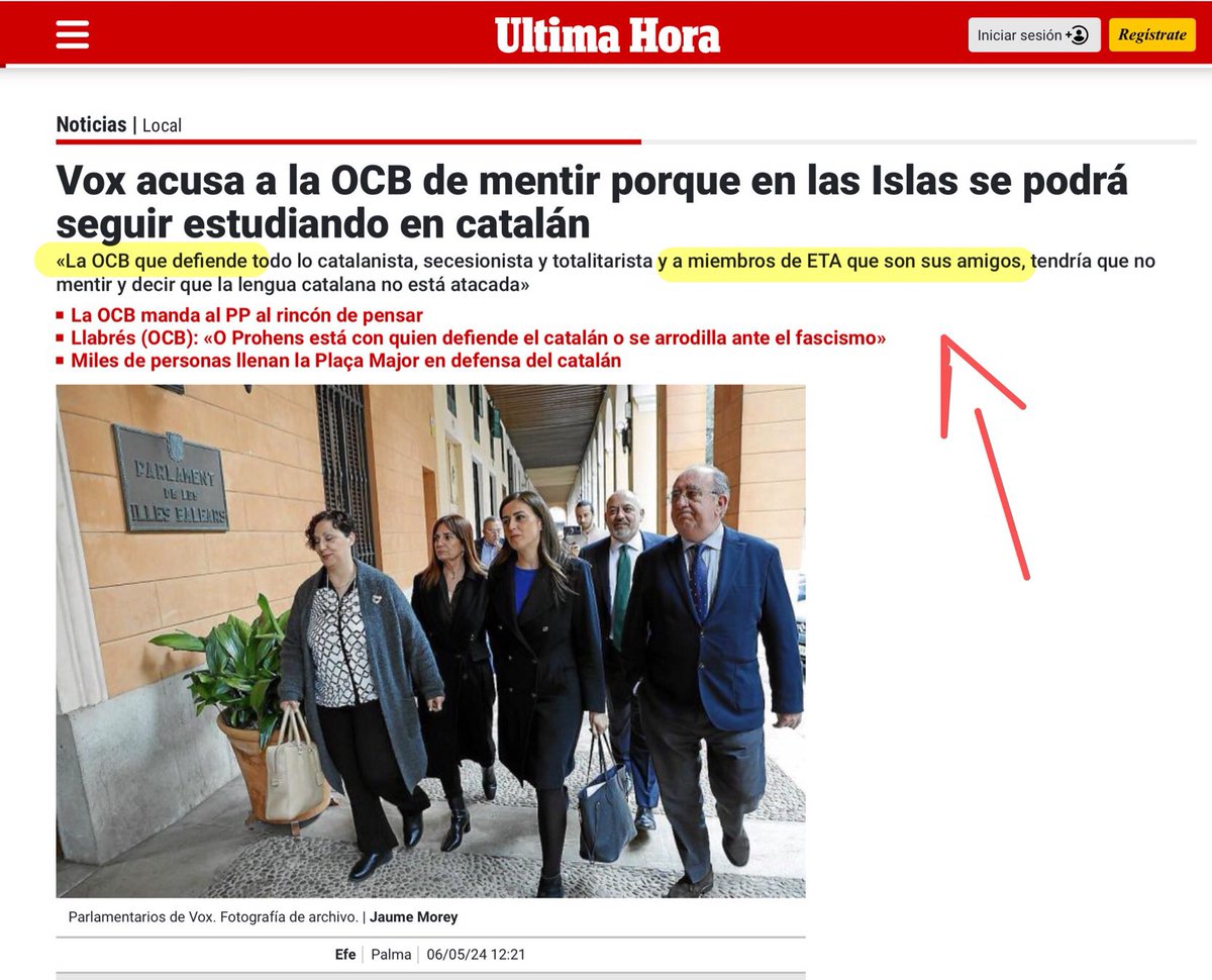 Com a soci i ex directiu de l’ OCB (@ocbcats) crec que l’Obra s’hauria de querellar contra VOX per calumnies. No es pot consentir que es difami als més de 4.000 socis de l’entitat dient que pertanyem a una organització que defensa als “miembros de ETA”; i que els suposats etarres