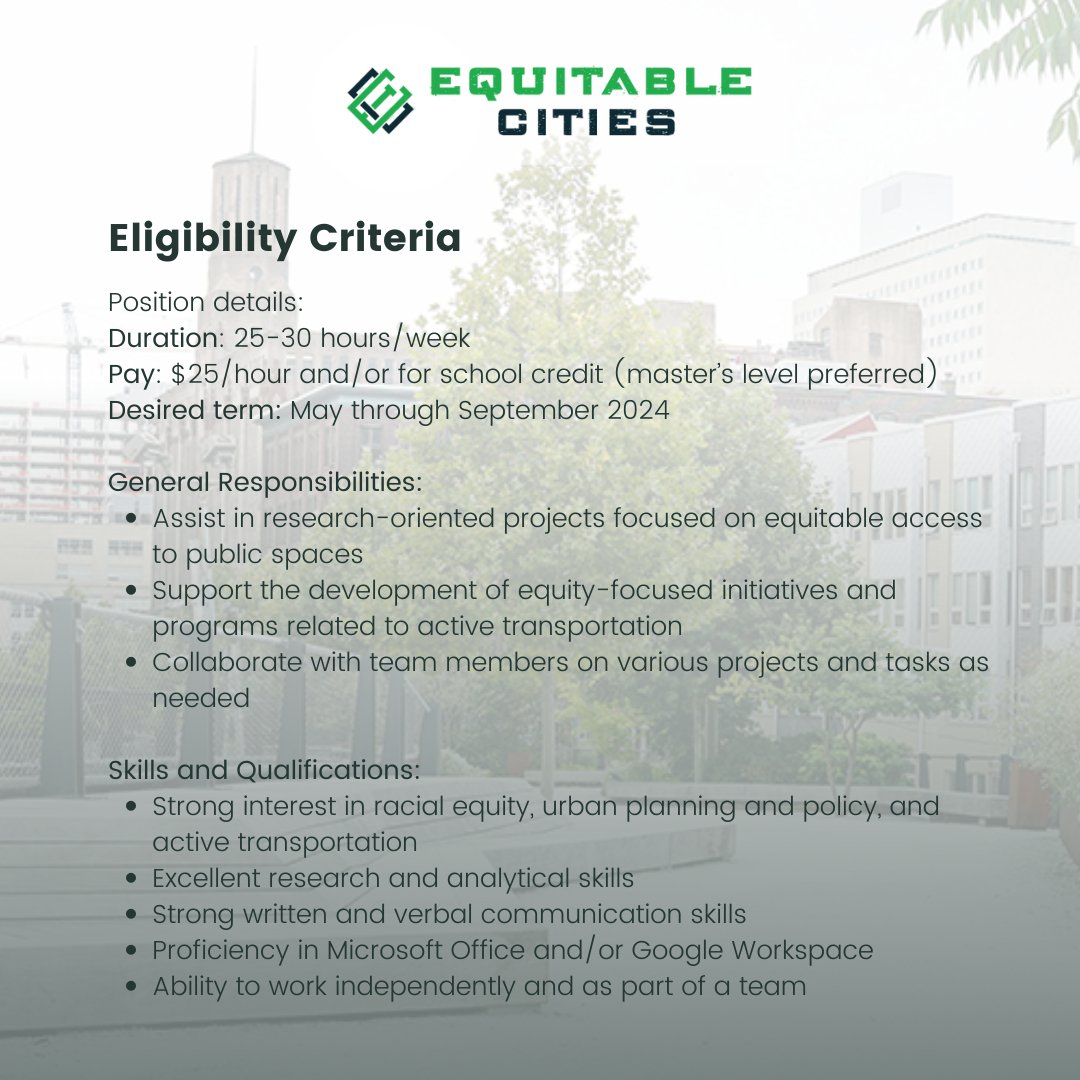 WE'RE HIRING! Looking for a motivated intern to be part of a team. Send your resume and cover letter to contact@equitablecities.com #internship #InternshipOpportunity #hiring