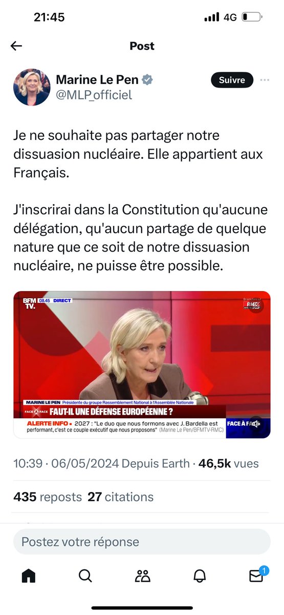 Je souhaite que notre dissuasion nucléaire ne tombe jamais dans les mains de Marine Le Pen.