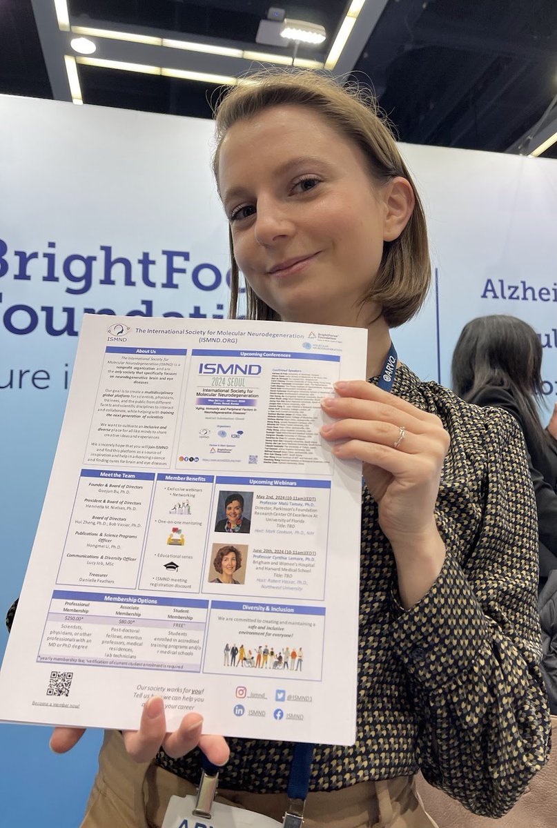 Our Communications & Diversity Officer @Lucyjob2 is at the @_BrightFocus booth #1812 at #ARVO2024 - give her a visit to discuss anything ISMND and @MolNeuro!
