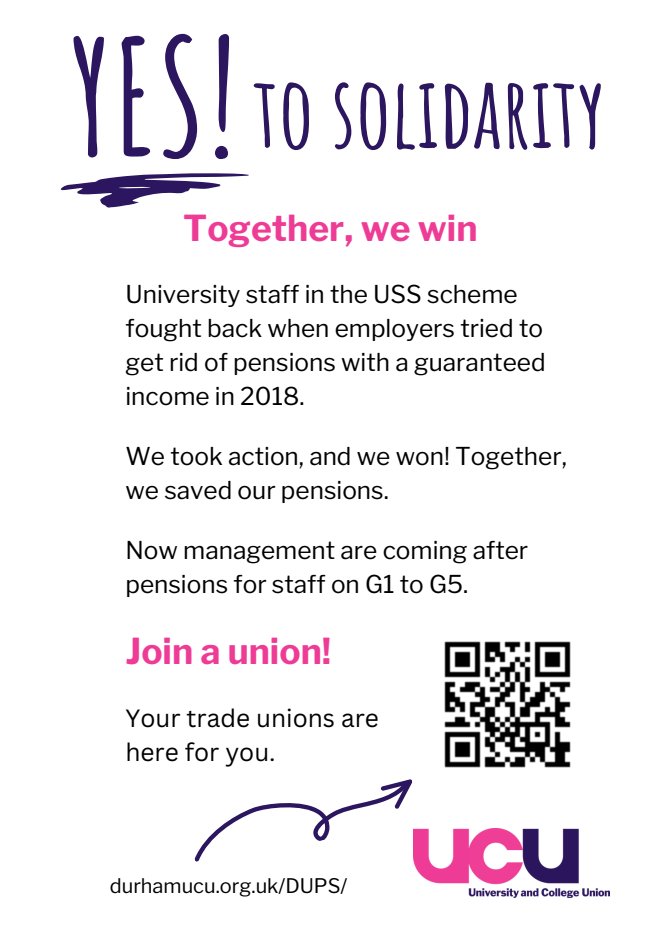 We believe all workers at Durham deserve a secure retirement but @durham_uni management don't think so! Oppose the plan to close the defined benefit pension to new staff on grade 1-5! Sign the petition: tinyurl.com/DUPSpetition Fill the feedback form: tinyurl.com/DUPSchangesfee…