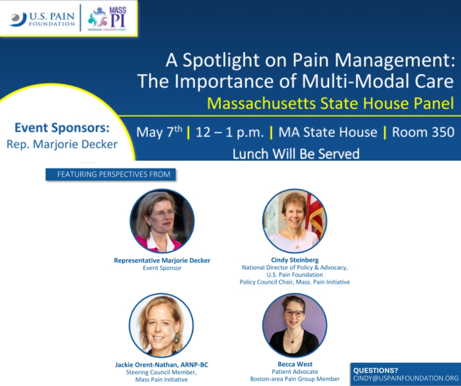 MA lawmakers, aides, residents—please join us at noon 5/7 at the #MA State House, Rm 350, for a FREE event w/ <a href="/MarjorieDecker/">Marjorie Decker</a>, <a href="/CindySteinberg_/">Cindy Steinberg</a> &amp; Mass Pain Initiative to discuss multi-modal care &amp; improved #pain care access with S659/H990. Lunch provided!
#PainAdvocate @Masspoli