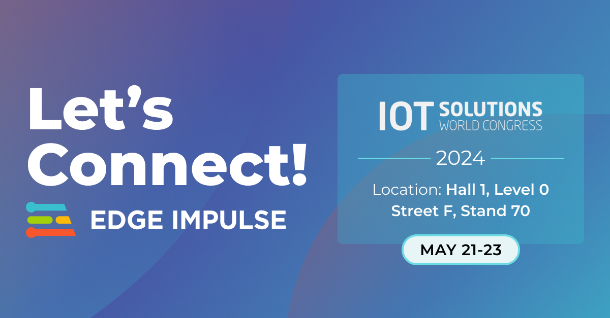 Save these dates! Edge Impulse will be at the @IOTSWC in Barcelona, May 21-23, 2024. In conjunction with @thethingsindust, we will be showcasing our latest innovations at Stand 70. Be sure to stop by and meet the team, and we look forward to seeing you there! #IOTSWC24