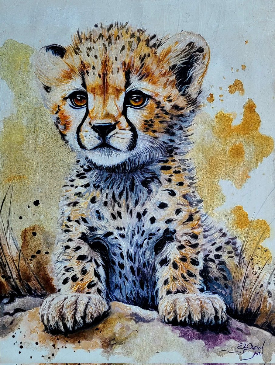 A young cheetah can teach a lot to adults—innocence, positivity, curiosity, excitement, and trust VI .
Acrylics &water color painting on canvas 
 Size: 63×45cm
#cheetah #wildanimals #littleones #Elseedart #endangeredspecies #love #artwork