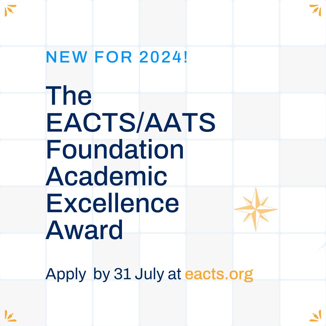NEW ⭐️ Apply for the EACTS/AATS Foundation Academic Excellence Award!  

This Award has been designed for researchers to encourage them to present their most promising and innovative projects.

The winner will be announced at #EACTS2024 🏆 👇
bit.ly/49ZOXhs