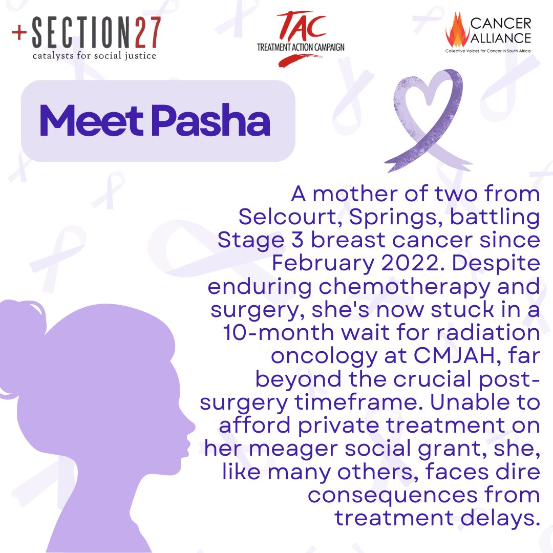 Pasha Dube, a mom from Selcourt, Springs, battling Stage 3 breast cancer since February 2022. After enduring chemotherapy & surgery, she's now facing a 10-month wait for radiation oncology at CMJAH. We're demanding accountability from the @GautengHealth Department.