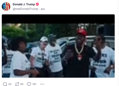 Trump just shared a rap video that contains the lyrics 'Donald Trump, the first black president'. That'll help him in November I'm sure.