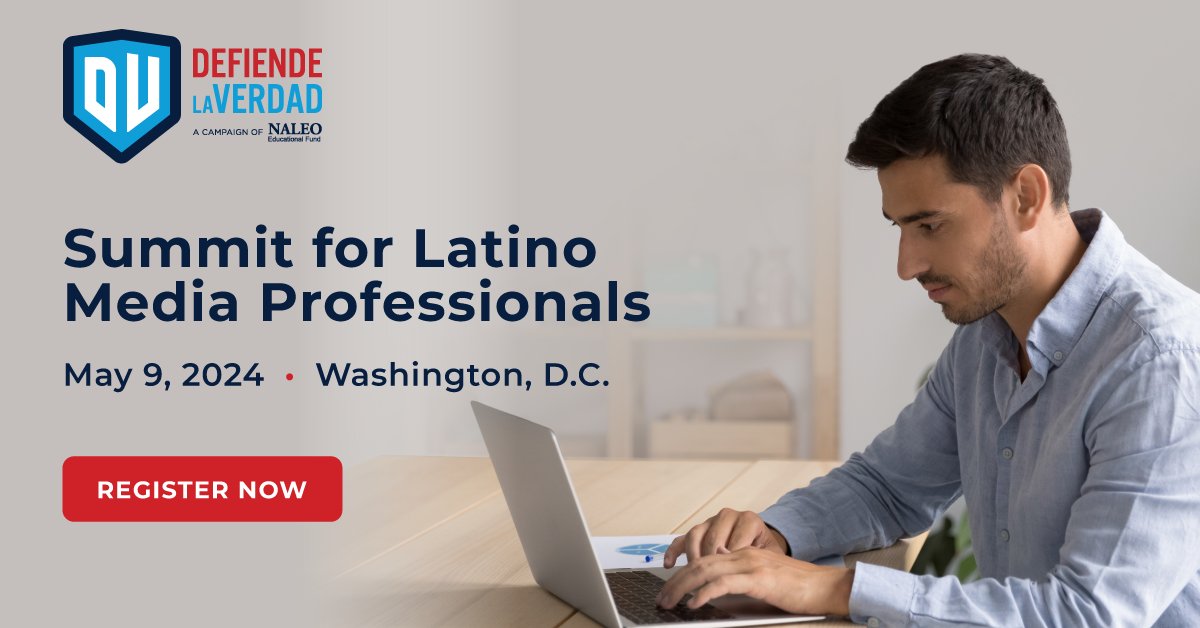 THURSDAY: Join our effort to counter the spread of misinformation! ℹ️ 🛡️ Register for our #DefiendeLaVerdad Summit for Latino Media Professionals on May 9, 2024, as we work to spread awareness and increase coverage of misinformation among Latinos. 🔗 bit.ly/DLVDC050924