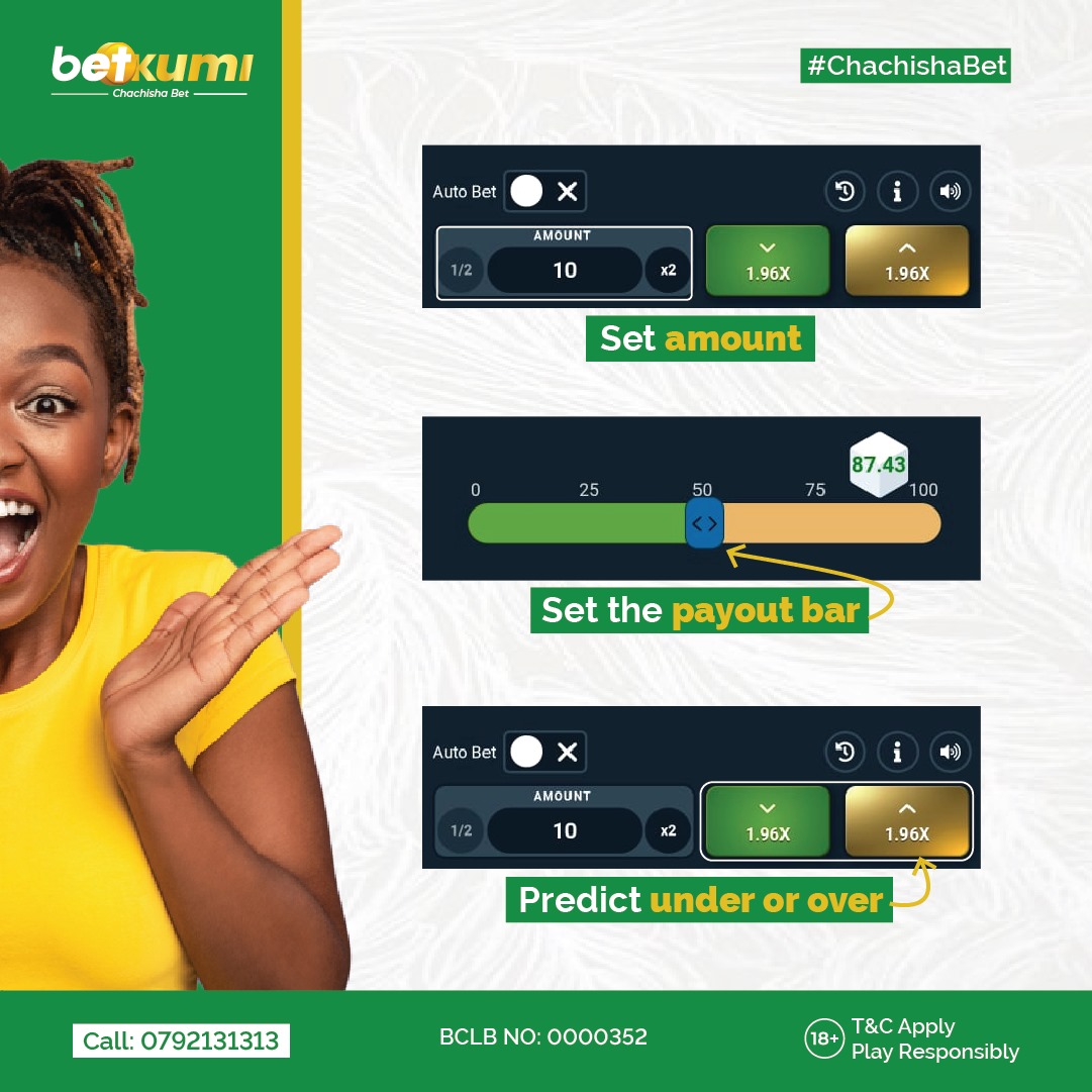 You can now set your own payout bar, choose the DICE, and earn a high reward. Kwani iko nini! Why not roll the DICE? betkumi.com
#chachishabet