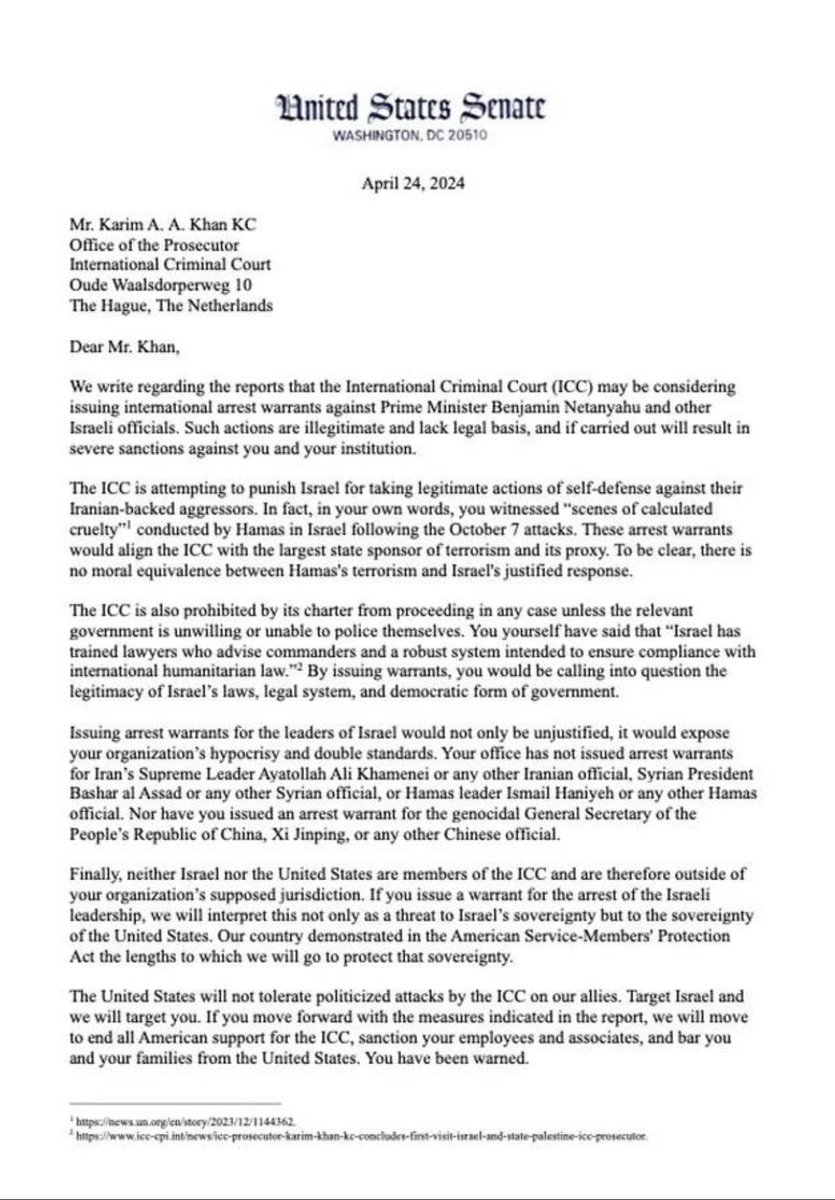 AitorxMartinez's tweet photo. US senators threaten International Criminal Court prosecutor @KarimKhanQC with sanctions over @netanyahu arrest warrant: “you have been warned […] target Israel and we will target you”. No comment. What a shame. https://t.co/18I6cIMszo