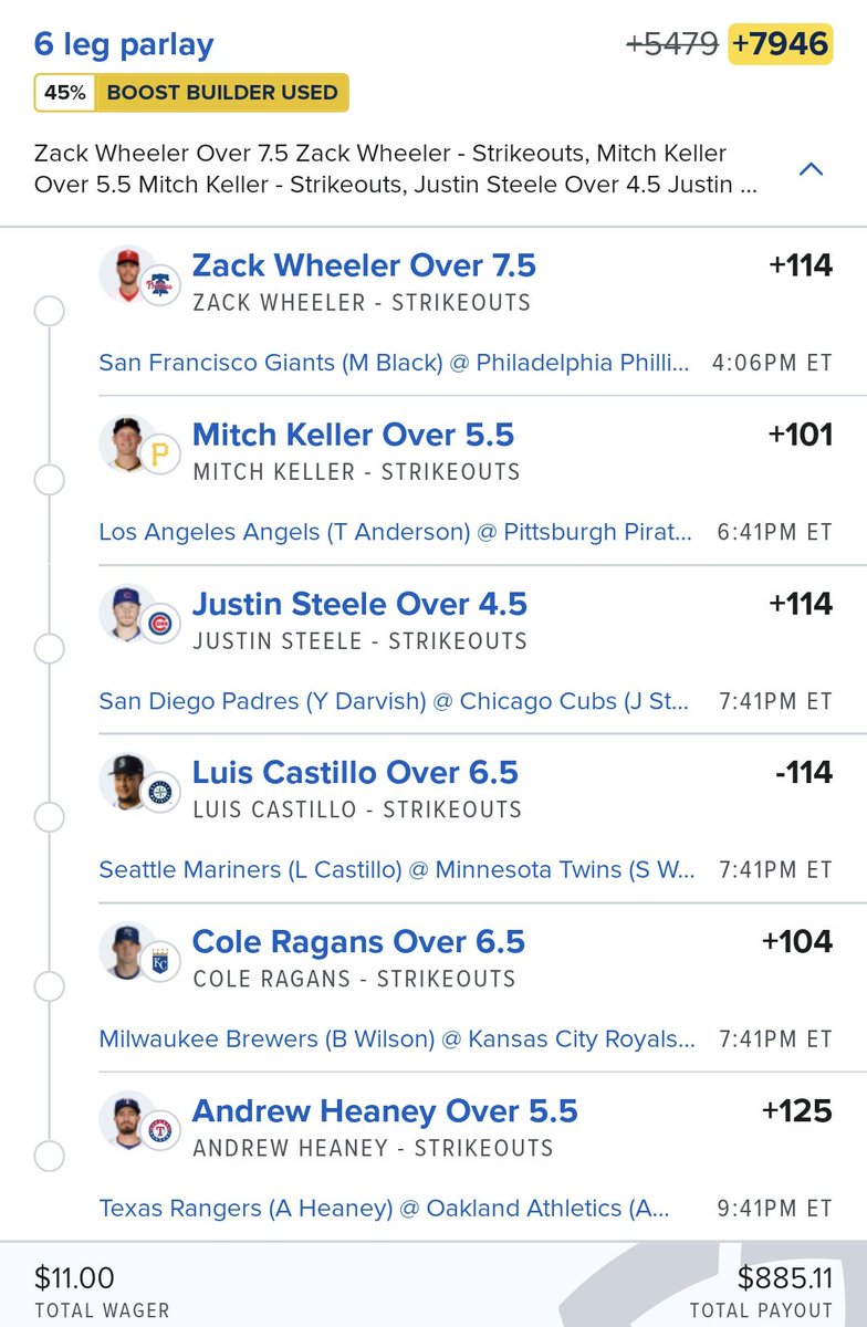 🚨 Monday MLB ⚾️ 🚨 
Profit boosted pitchers parlay. Play your faves solo, make your own or tail. Be responsible about it.
#gamblingX #mlbbets #mlbparlay #baseballparlay #fanduel #profitboost #strikeoutprops #pitcherprops #samegameparlay