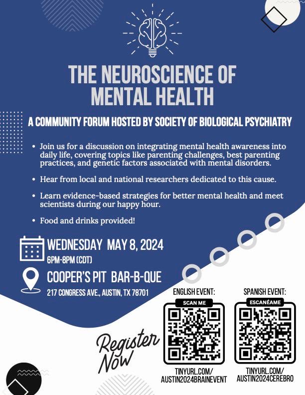 For those in Austin Texas this Wednesday, May 8, and interested in a conversation with experts on how mental health relates to brain biology and genetics, please join us from 6pm to 8pm at Cooper’s BAR-B-QUE on 217 Congress Ave ⁦@SOBP⁩ @Marusak ⁦@ScientificRuvvy⁩, etc