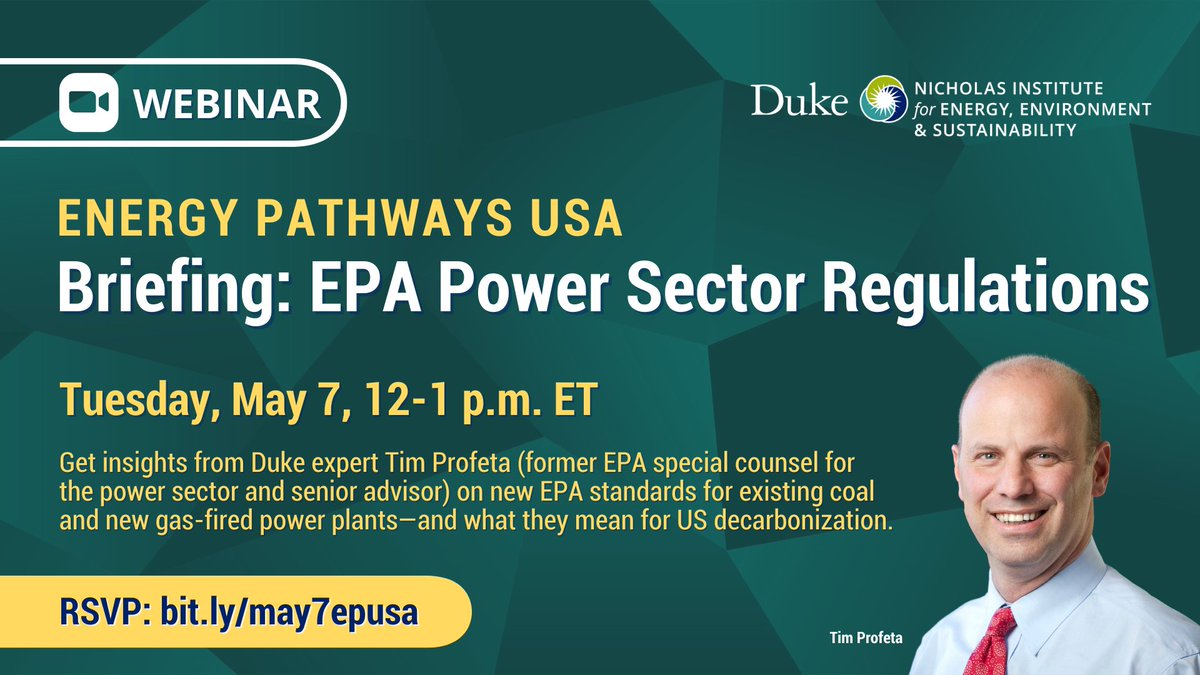 TUES., 5/7, NOON ET: Hear from current @DukeU and former EPA expert Tim Profeta during a virtual briefing about new EPA standards for the power sector. Hosted by Energy Pathways USA. REGISTER: bit.ly/may7epusa