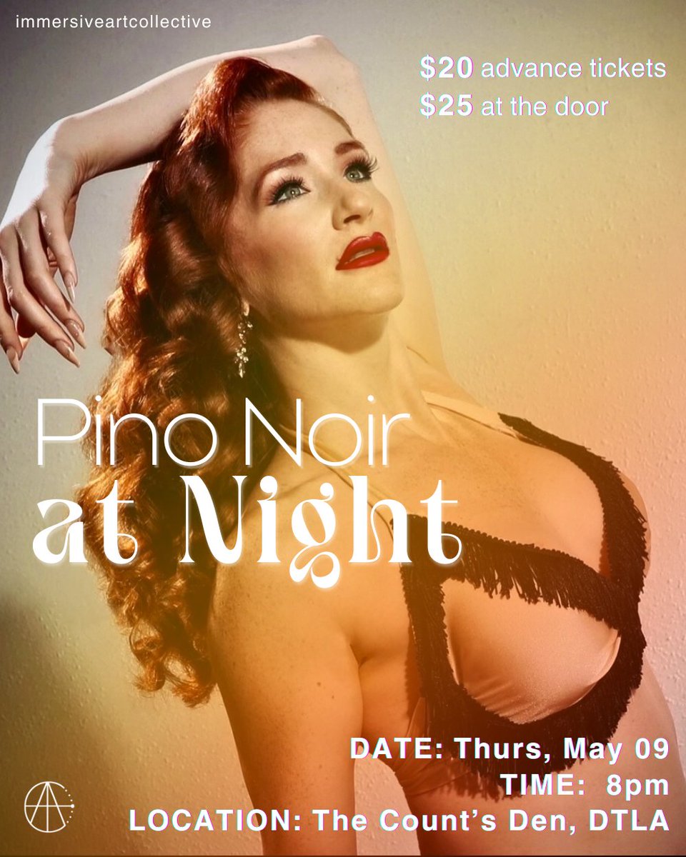 This Thursday night, step back in time with Pino Noir at Night 🎷✨. Join in the spirit of the 1930s & 1940s at the illustrious Count’s Den in DTLA for an evening live jazz by the Pino Noir Quartet & mesmerizing classic burlesque performances! 

TICKETS: zurl.co/kkJW