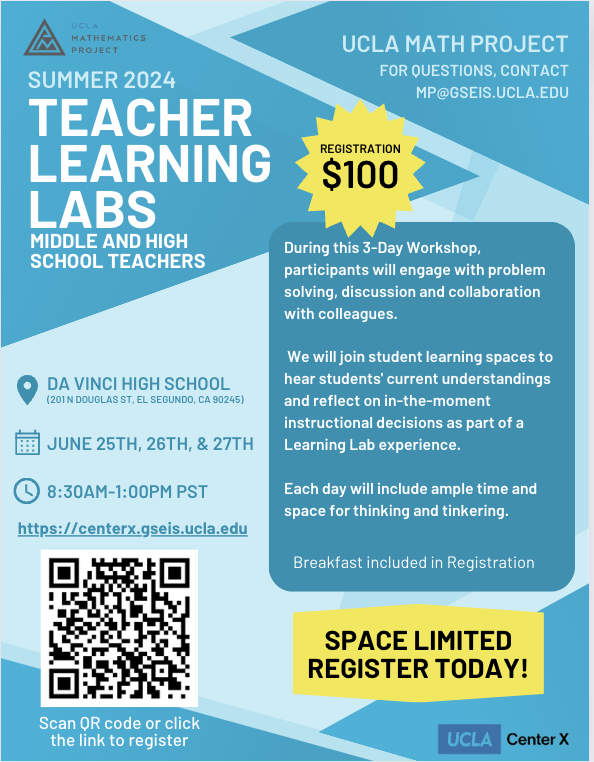 Join us for Summer 2024 Teacher Learning Labs! During this 3-Day Workshop, participants will engage with problem solving, discussion and collaboration with colleagues. Space is limited so register today! #datainreallife #makingmeaningofthecurriculum #playfulfluency