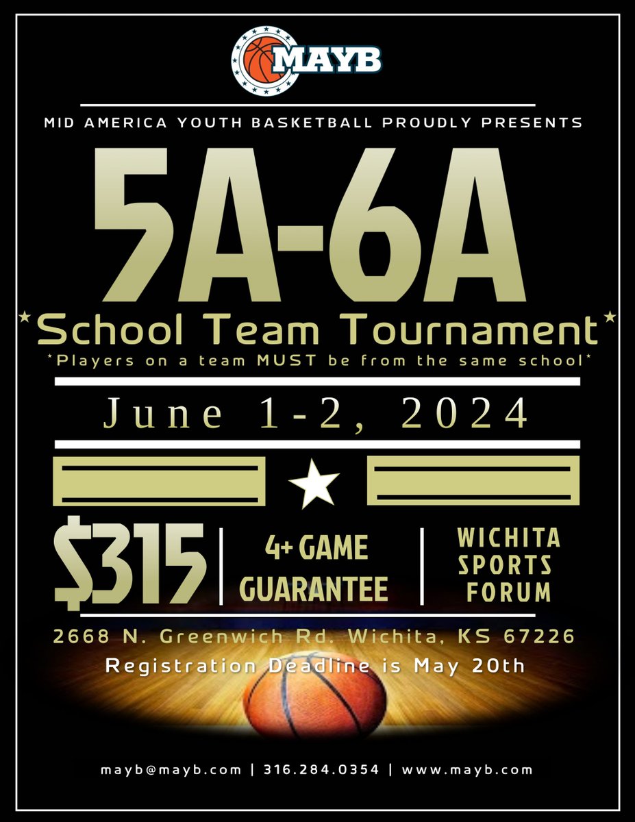 Join us for our exclusive school team tournament on June 1-2 in Wichita, KS! Divisions for boys and girls in grades 9-12. It's the perfect opportunity for your team to compete and grow together. Secure your spot at mayb.com or call 316-284-0354!