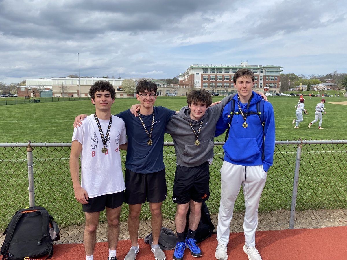 Gold medal moment from Saturday’s Weston Twilight in the Swedish Relay. (L-R Harry Silva Evan Wong, Dan Conant, and Ray Kwiatek) <a href="/PhilStacey_SN/">Phil Stacey</a> <a href="/BeverlyPanthers/">Beverly Panthers</a> <a href="/Beverly_High/">Beverly High School</a>