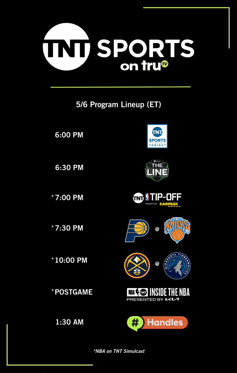 See below for tonight’s @truTV Program Lineup which includes simulcasts of @NBAonTNT’s #NBAPlayoffs coverage! ⬇️⬇️⬇️